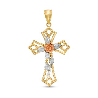 Diamond-Cut Rose and Beaded Gothic-Style Open Cross Tri-Tone Necklace Charm in 10K Gold
