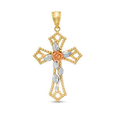 Diamond-Cut Rose and Beaded Gothic-Style Open Cross Tri-Tone Necklace Charm in 10K Gold