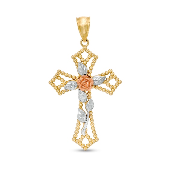 Diamond-Cut Rose and Beaded Gothic-Style Open Cross Tri-Tone Necklace Charm in 10K Gold