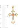 Thumbnail Image 1 of Diamond-Cut Rose and Beaded Gothic-Style Open Cross Tri-Tone Necklace Charm in 10K Gold