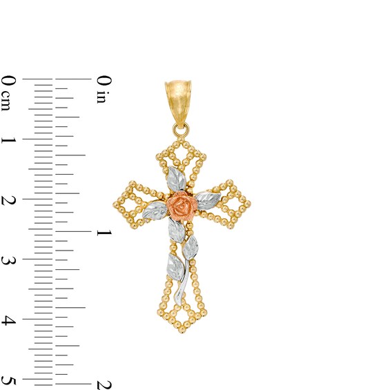 Diamond-Cut Rose and Beaded Gothic-Style Open Cross Tri-Tone Necklace Charm in 10K Gold