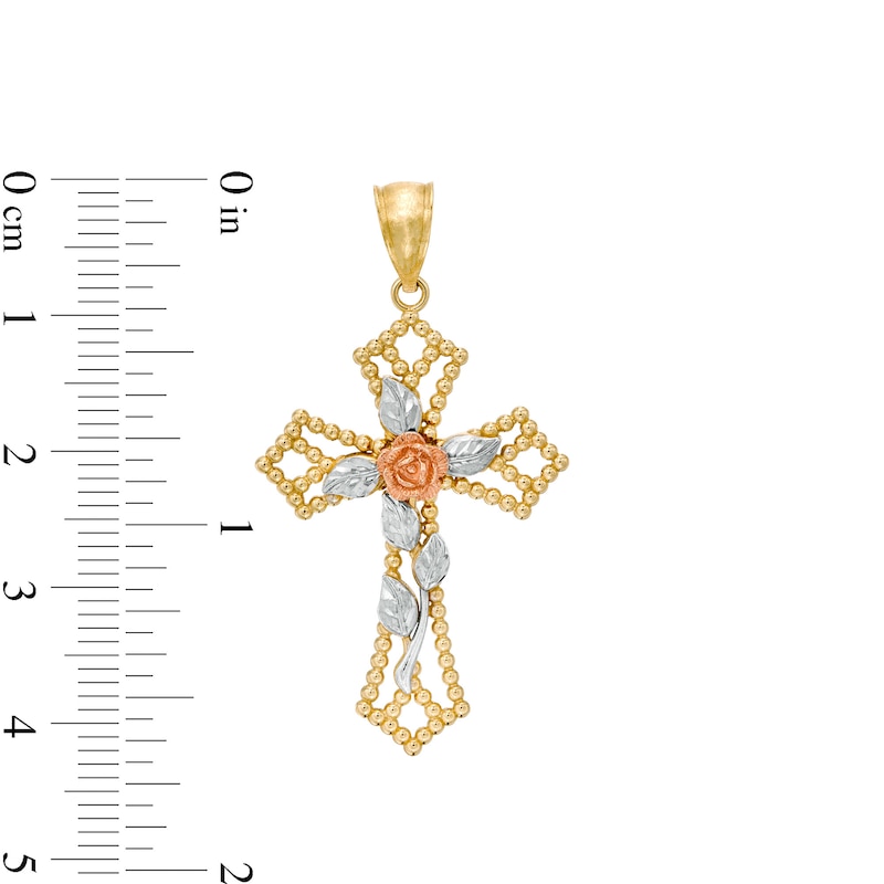 Diamond-Cut Rose and Beaded Gothic-Style Open Cross Tri-Tone Necklace Charm in 10K Gold