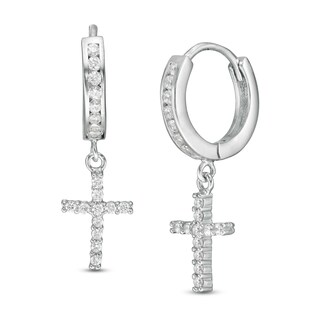 Solid Sterling Silver CZ Cross Dangle Huggies