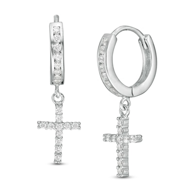 Solid Sterling Silver CZ Cross Dangle Huggies