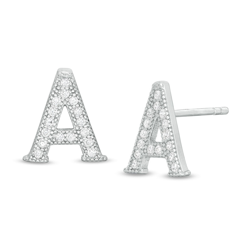 Cubic Zirconia "A" Initial Vintage-Style Stud Earrings in Solid Sterling Silver