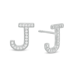 Cubic Zirconia &quot;J&quot; Initial Vintage-Style Stud Earrings in Solid Sterling Silver