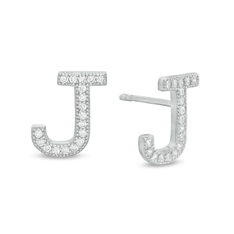 Cubic Zirconia "J" Initial Vintage-Style Stud Earrings in Solid Sterling Silver