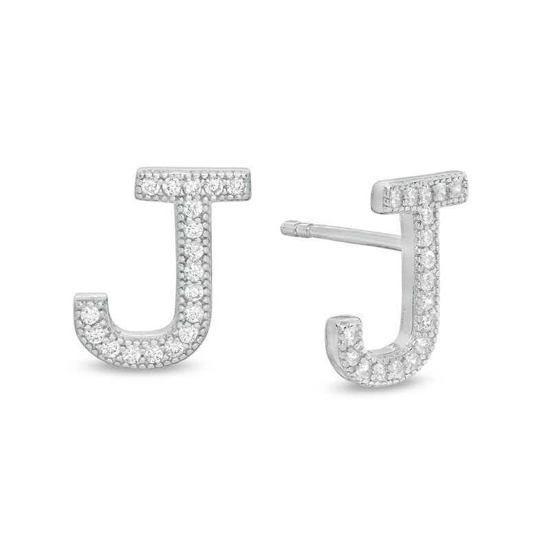 Main Image 1 of Cubic Zirconia "J" Initial Vintage-Style Stud Earrings in Solid Sterling Silver