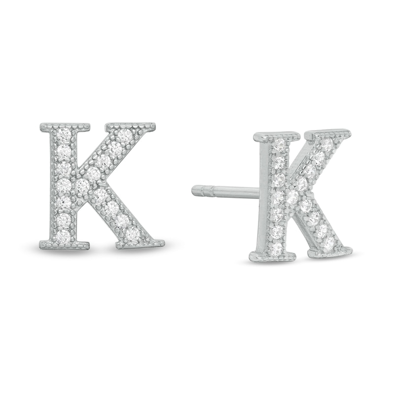 Cubic Zirconia "K" Initial Vintage-Style Stud Earrings in Solid Sterling Silver