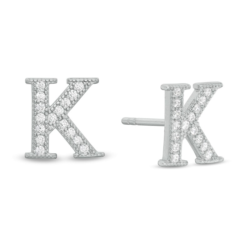 Main Image 1 of Cubic Zirconia "K" Initial Vintage-Style Stud Earrings in Solid Sterling Silver