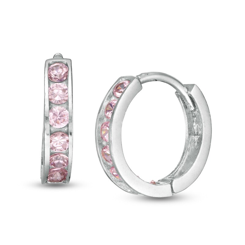 13mm Pink Cubic Zirconia Channel Huggie Hoop Earrings in Sterling Silver