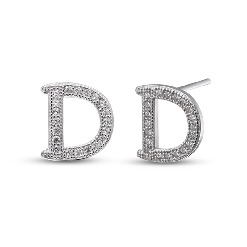 Cubic Zirconia "D" Initial Vintage-Style Stud Earrings in Solid Sterling Silver