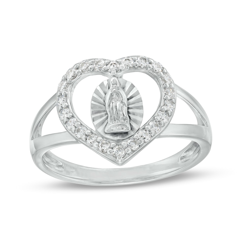 Cubic Zirconia Heart Frame Virgin Mary Split Shank Ring in Sterling Silver