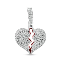 Small Cubic Zirconia and Red Enamel Broken Heart Necklace Charm in Solid Sterling Silver