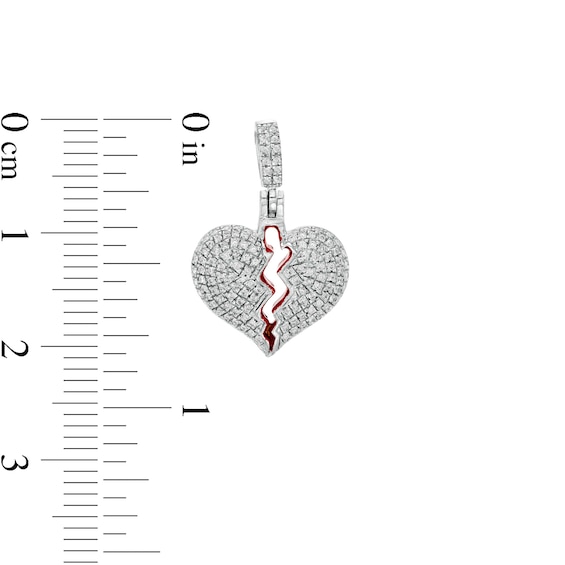 Small Cubic Zirconia and Red Enamel Broken Heart Necklace Charm in Solid Sterling Silver
