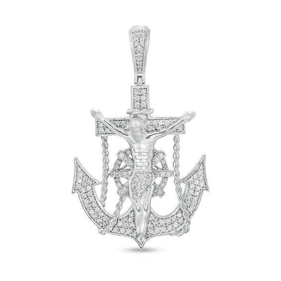 Cubic Zirconia Crucifix Anchor Necklace Charm in Sterling Silver