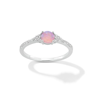 Solid Sterling Silver 5mm Simulated Pink Opal and CZ Tri-Sides Ring - Size 7