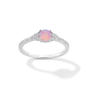 Solid Sterling Silver 5mm Simulated Pink Opal and CZ Tri-Sides Ring - Size 7