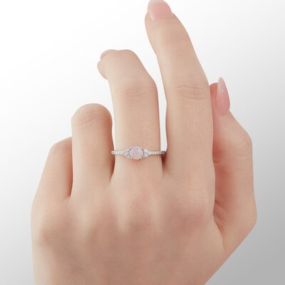 Solid Sterling Silver 5mm Simulated Pink Opal and CZ Tri-Sides Ring - Size 7