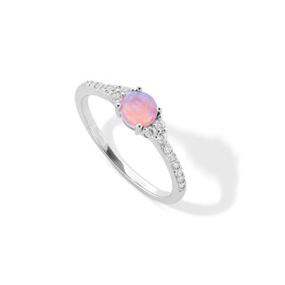 Solid Sterling Silver 5mm Simulated Pink Opal and CZ Tri-Sides Ring - Size 7