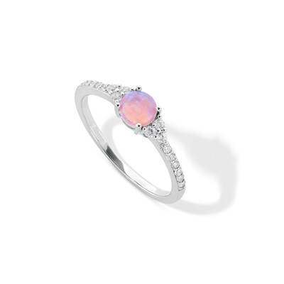 Solid Sterling Silver 5mm Simulated Pink Opal and CZ Tri-Sides Ring - Size 7