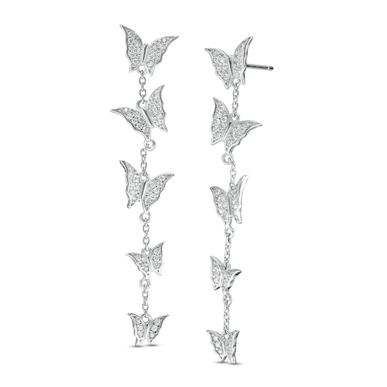 Cubic Zirconia Graduated Butterfly Station Linear Drop Earrings in Sterling Silver