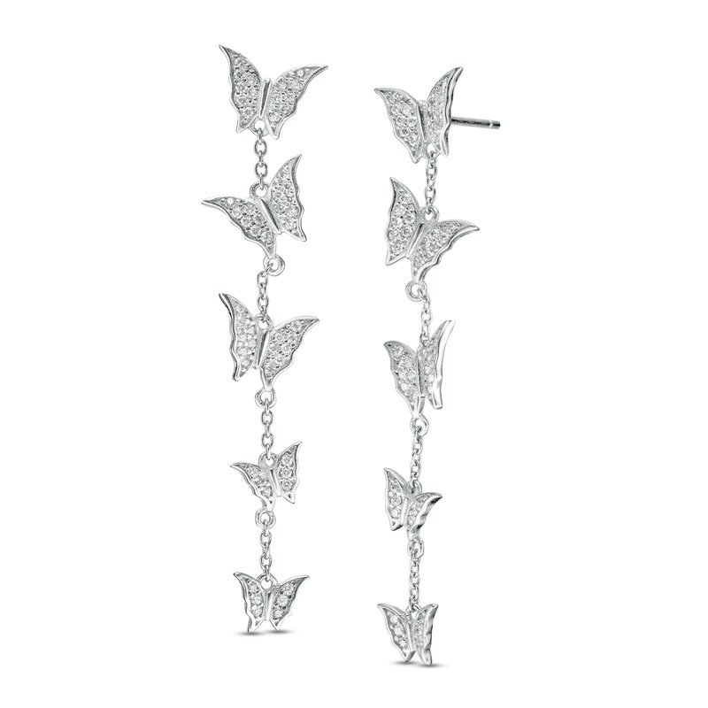 Cubic Zirconia Graduated Butterfly Station Linear Drop Earrings in Sterling Silver