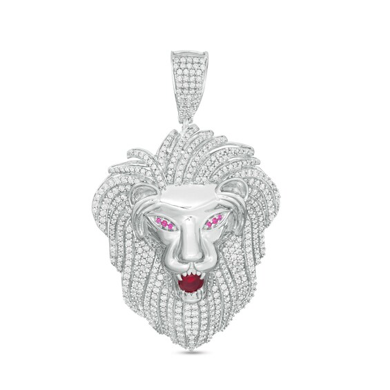 6mm Red and White Cubic Zirconia Lion Head Necklace Charm in Sterling Silver