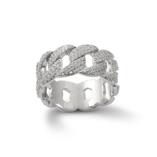 Solid Sterling Silver CZ Cuban Curb Chain Link Eternity Band - Size 10