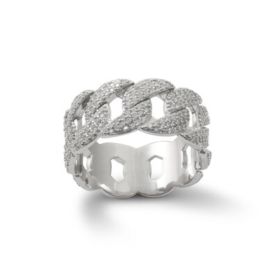 Solid Sterling Silver CZ Cuban Curb Chain Link Eternity Band - Size 10