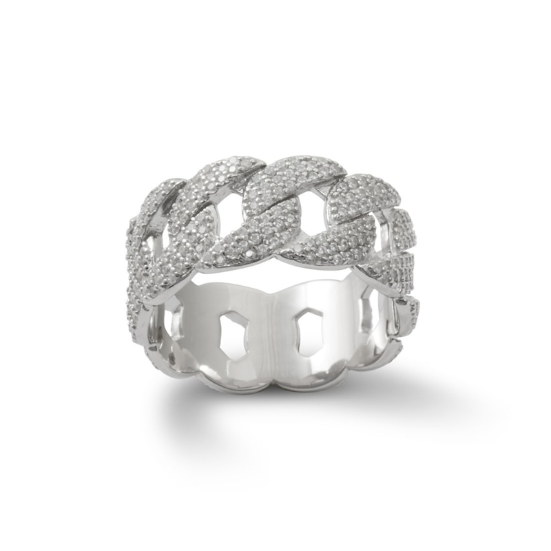 Solid Sterling Silver CZ Cuban Curb Chain Link Eternity Band - Size 10