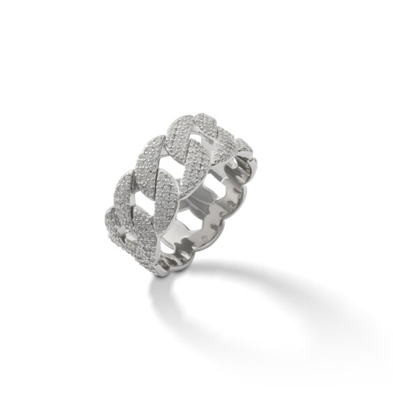 Solid Sterling Silver CZ Cuban Curb Chain Link Eternity Band - Size 10