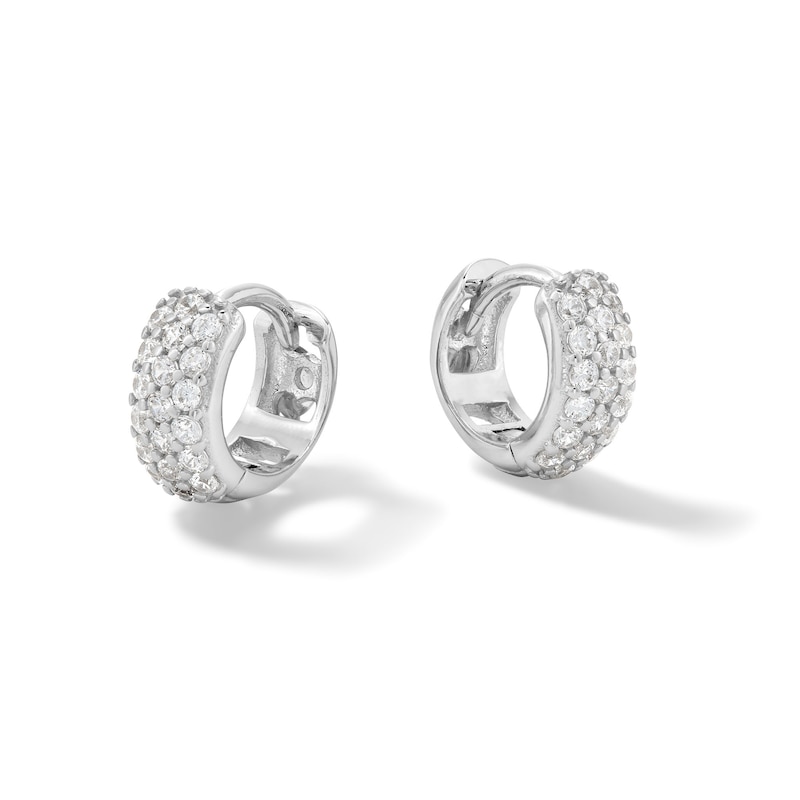 Cubic Zirconia Triple Row Dome Huggie Hoop Earrings in Solid Sterling Silver