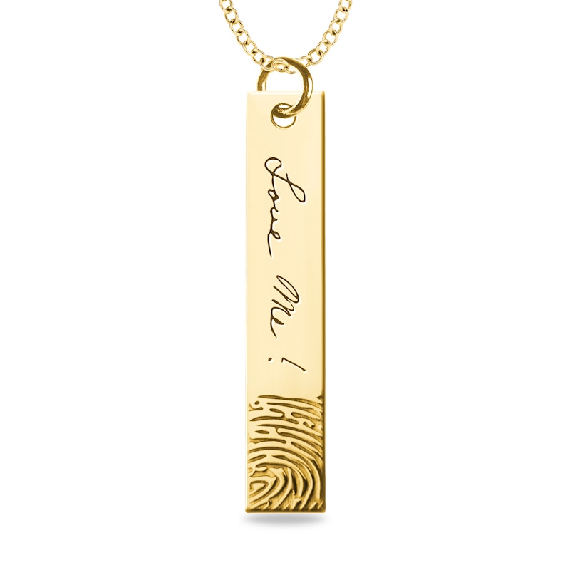 Engravable Print and Your Own Handwriting Vertical Bar Pendant in 10K White, Yellow or Rose Gold (1 Image and Line)