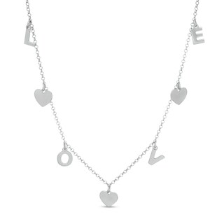 "LOVE" and Heart Disc Alternating Charm Station Anklet in Sterling Silver - 10"