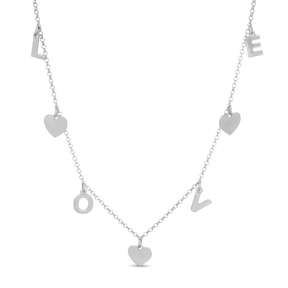 "LOVE" and Heart Disc Alternating Charm Station Anklet in Sterling Silver - 10"