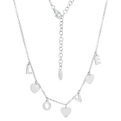Made in Italy "LOVE" and Heart Disc Alternating Dangle Station Necklace in Sterling Silver - 18"