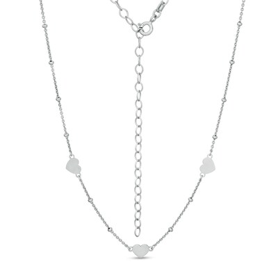 Triple Heart Disc and Bead Station Choker Necklace in Sterling Silver - 16"