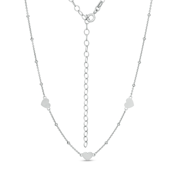 Triple Heart Disc and Bead Station Choker Necklace in Sterling Silver - 16"