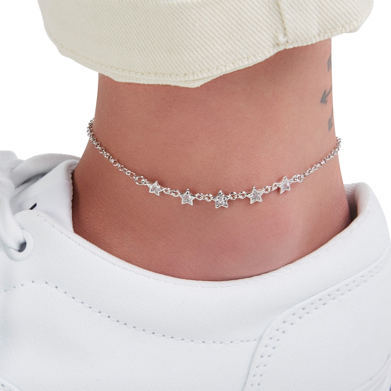 Main Image 3 of Made in Italy 4mm Star-Shaped Cubic Zirconia Five Stone Anklet in Solid Sterling Silver - 10"