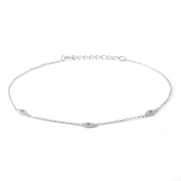 Blue and White Cubic Zirconia Evil Eye Trio Station Anklet in Solid Sterling SIlver - 10&quot;