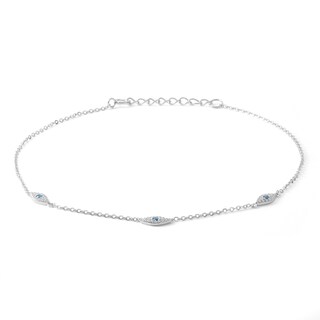 Sterling Silver CZ Blue and White Evil Eye Trio Station Anklet - 10"