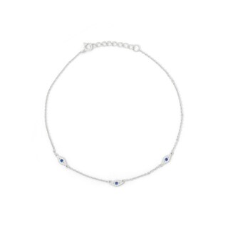 Sterling Silver CZ Blue and White Evil Eye Trio Station Anklet - 10"