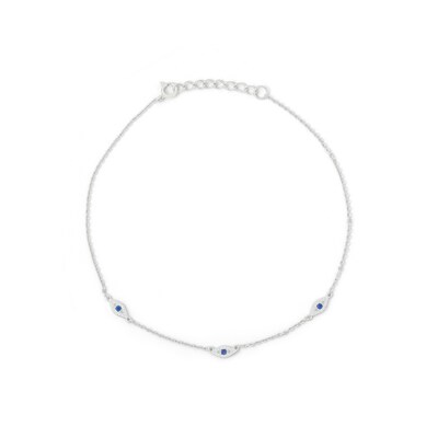 Sterling Silver CZ Blue and White Evil Eye Trio Station Anklet - 10"
