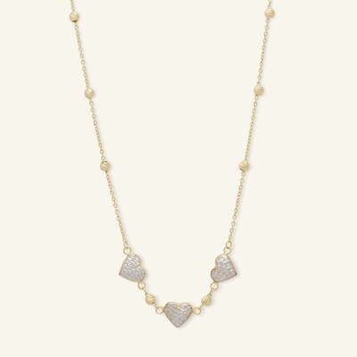 Diamond-Cut Puff Heart Trio Bead Station Necklace in 10K Solid Two-Tone Gold - 18"