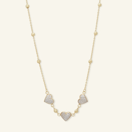 Diamond-Cut Puff Heart Trio Bead Station Necklace in 10K Solid Two-Tone Gold - 18"