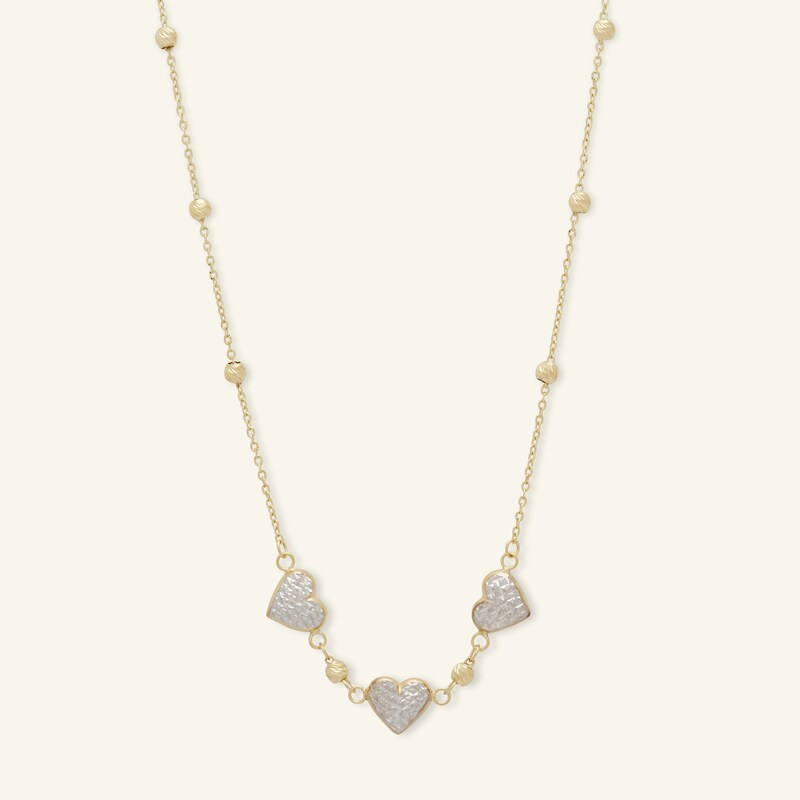 Diamond-Cut Puff Heart Trio Bead Station Necklace in 10K Solid Two-Tone Gold - 18"