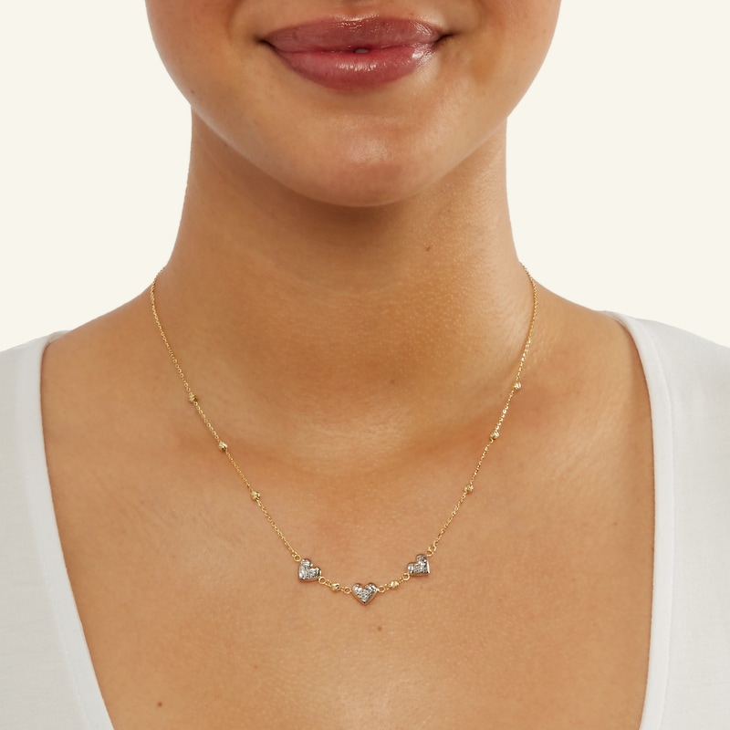 Main Image 3 of Diamond-Cut Puff Heart Trio Bead Station Necklace in 10K Solid Two-Tone Gold - 18"