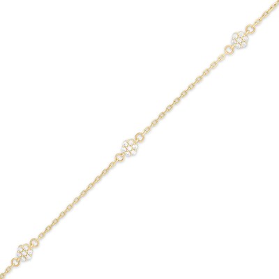 Cubic Zirconia Flower Station Anklet in 10K Gold - 10"