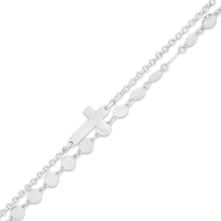 Sideways Cross and Mini Disc Double Strand Anklet in Sterling Silver - 10"